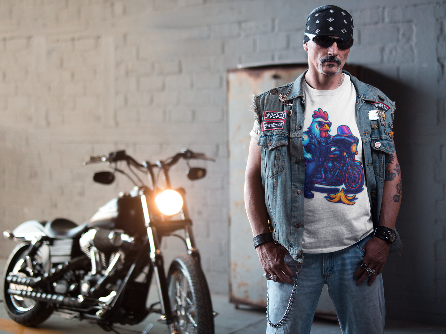 Neon Biker Rooster Graphic Tee