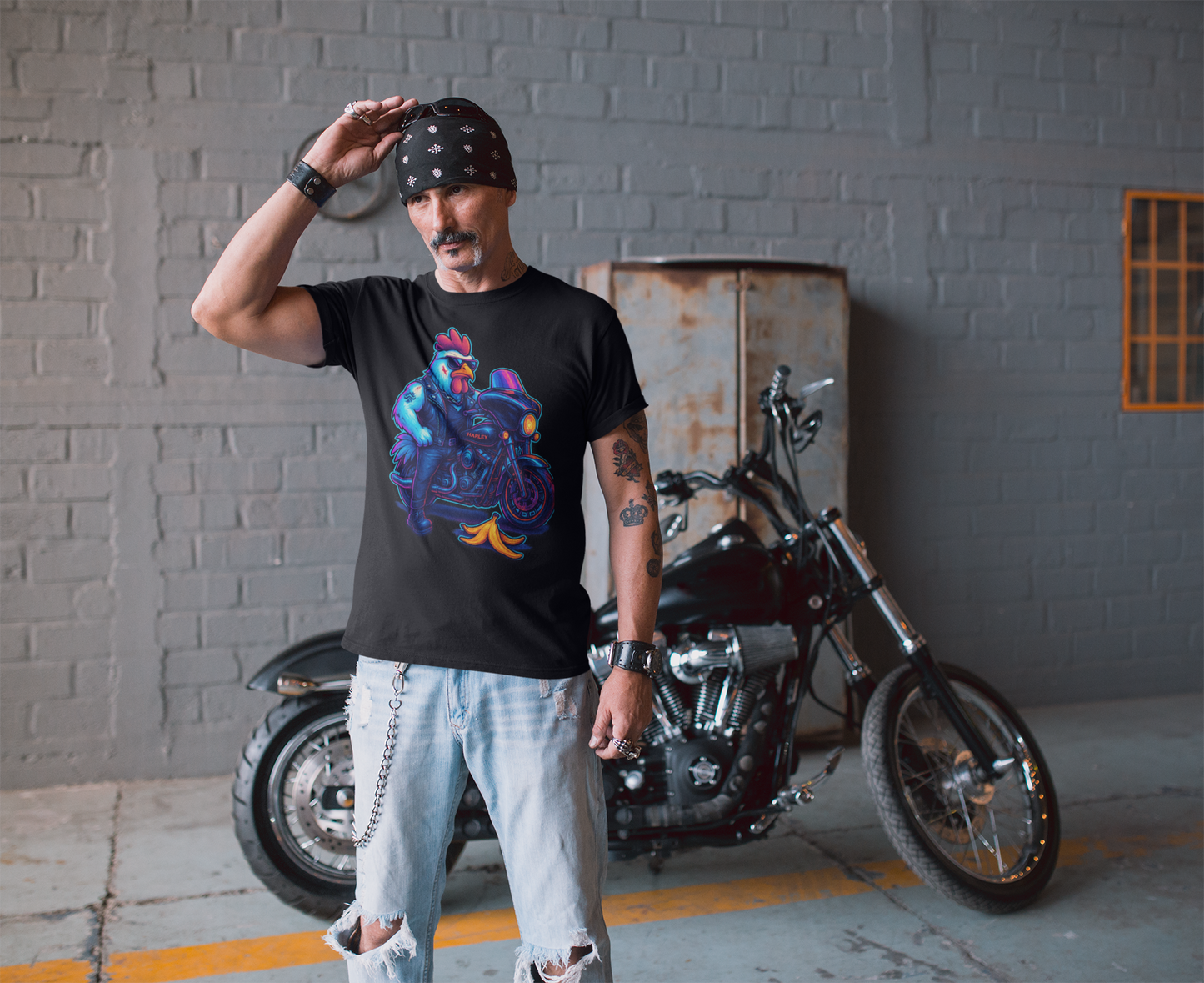 Neon Biker Rooster Graphic Tee