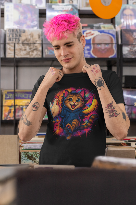 Neon Retro Cat & Chicken Banana Graphic Tee
